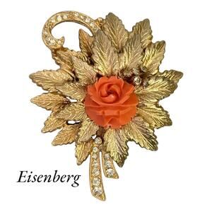 Eisenberg Coral Rose Brooch Pin Vintage Gold Tone Signed Sparkling Rhinestone